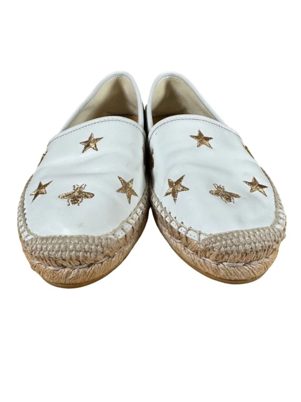 Gucci White Leather Pilar Bee Embroidered Espadrilles Shoes Size EU 37 US 7